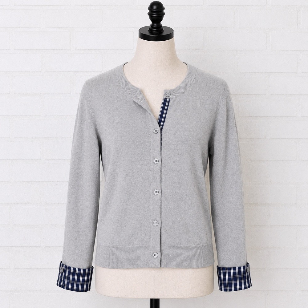 Dazy Gray Plaid Cuff Cardigan Women Large Nautical Preppy Academia Minimalist
